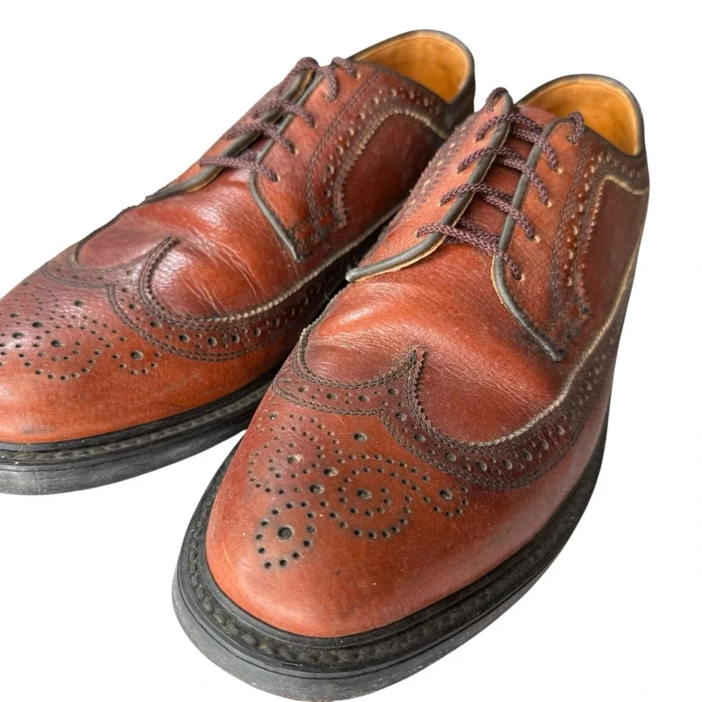 Vintage Dexter 8.5 C Wingtip Oxford Dress Shoes Cognac Brown Leather Made In USA